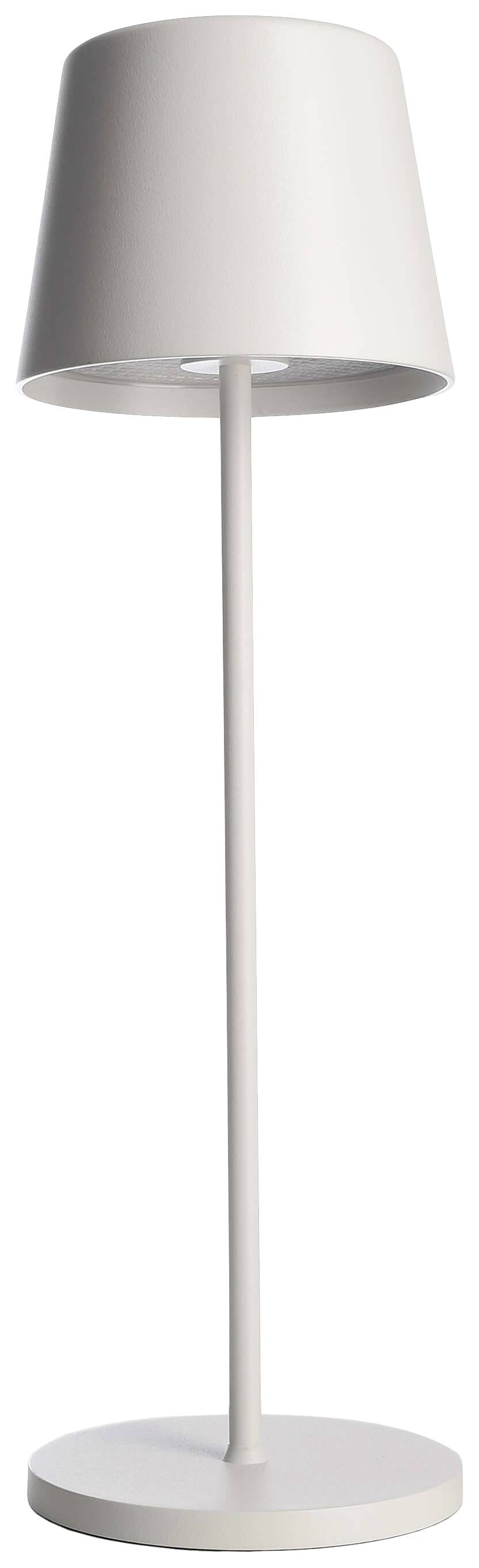 Lampadaire blanc avec abat-jour rond, légèrement conique et pied élancé reposant sur un socle circulaire. Design minimaliste.