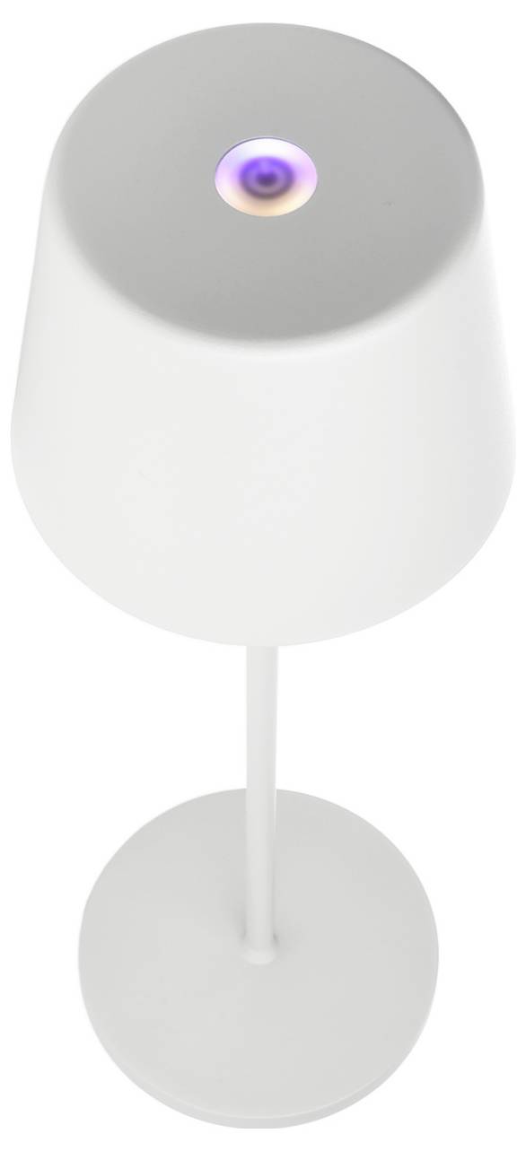 Lampe de table moderne blanche avec un abat-jour cylindrique sur une base ronde, éclairée par l'ouverture centrale du dessus.