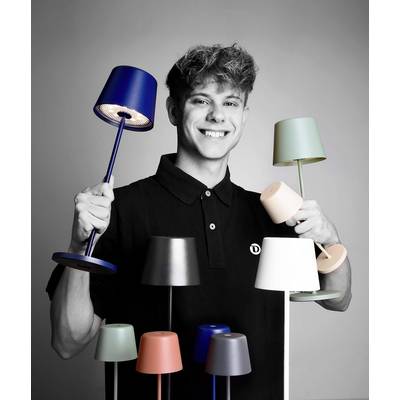 Une personne tient plusieurs lampes colorées et sourit. Les lampes sont de différentes couleurs et formes, et la personne porte un polo sombre.