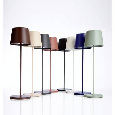 Huit lampes de table modernes de différentes couleurs, alignées devant un fond blanc. Les couleurs comprennent le marron, le beige, le noir, le rose, le bleu et le vert.