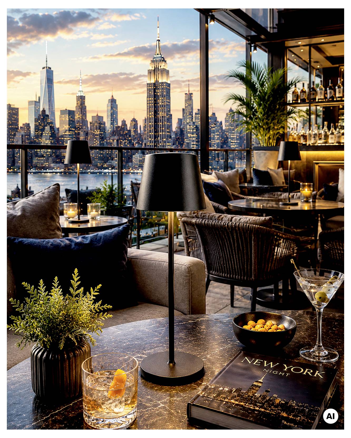 Lounge luxueux sur le toit au coucher du soleil, avec vue sur la skyline de New York, tables éclairées à la bougie, cocktails et sièges offrant une vue sur la ville.