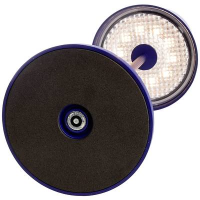 Un bandeau frontal rond et bleu d'une lampe est visible sous deux angles : la vue de face révèle de nombreuses petites LED.