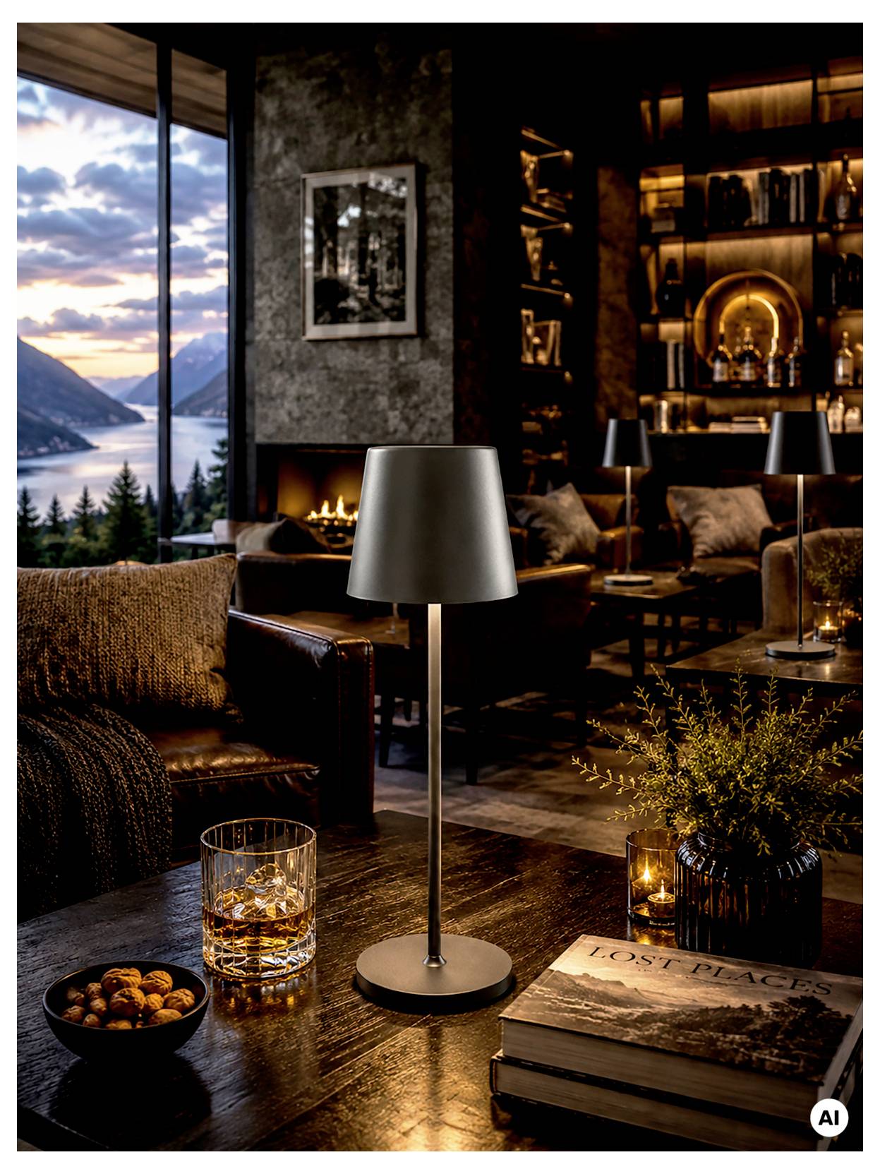 Salon chaleureux d'un chalet de luxe avec une lampe de table allumée, une cheminée, des fauteuils, des étagères de bar et une vue sur un lac de montagne à travers de grandes fenêtres.
