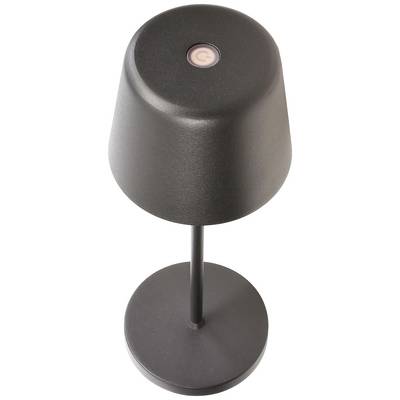 Lampe de table noire avec interrupteur circulaire sur le dessus. Design élancé et moderne.
