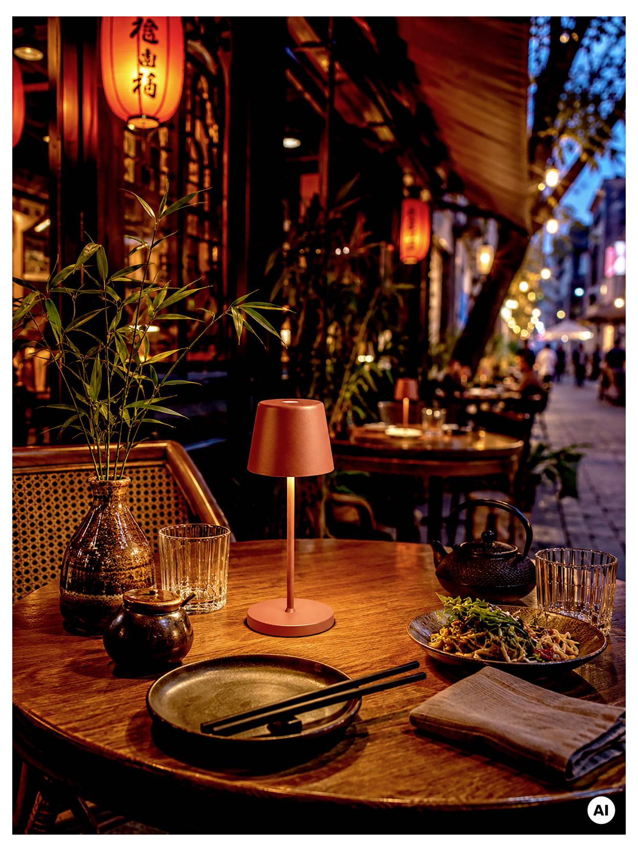 Table de café en plein air, chaleureusement éclairée au crépuscule, avec assiettes, baguettes, théière, verres et lanternes alignées le long d'une rue animée.
