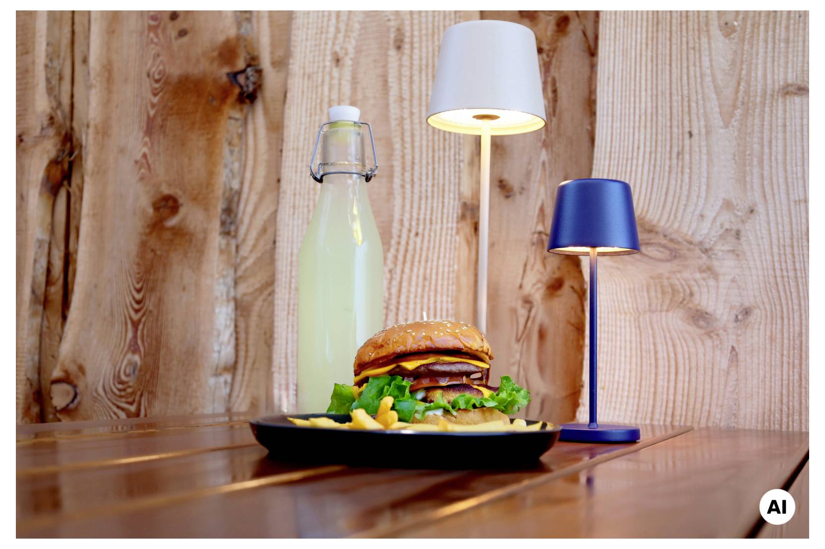 Hamburger et frites sur une assiette noire, à côté d'une bouteille en verre et de deux lampes de table allumées, posés sur une table en bois devant un mur en bois rustique.