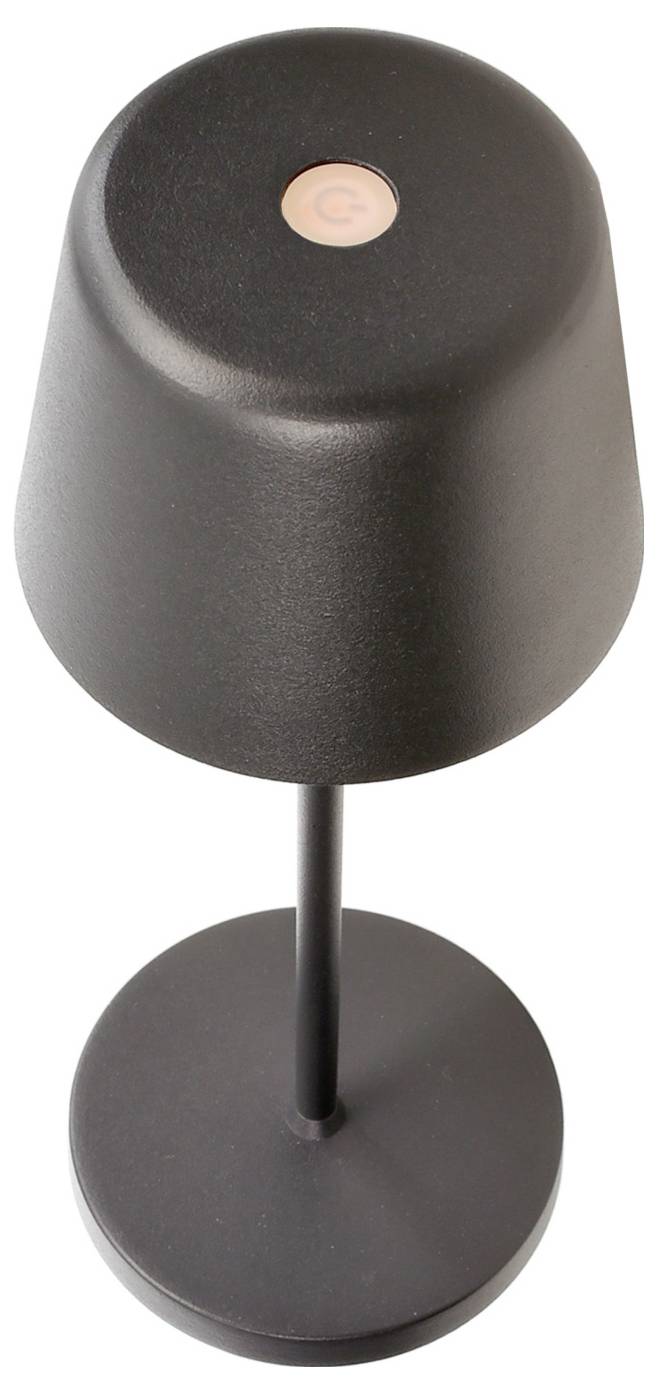Lampe de table noire avec pied rond et abat-jour cylindrique, présentée sur fond blanc.