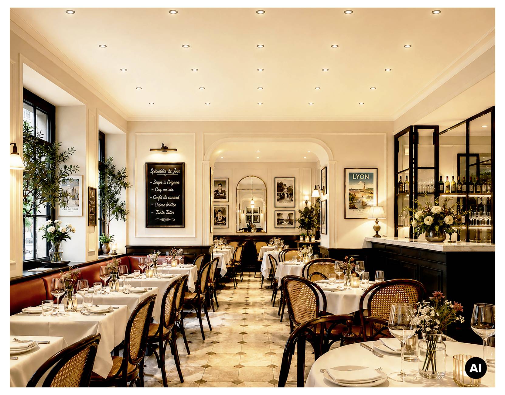 Salle de restaurant élégante avec des tables dressées, des chaises en osier, un sol à motifs, des tableaux muraux et un éclairage chaleureux, vue depuis une allée centrale.