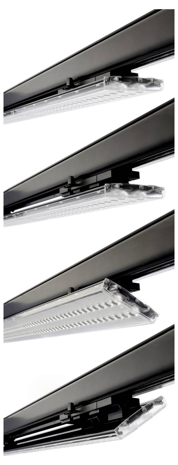 Trois vues d'un luminaire à rail LED linéaire monté sur un rail noir, montrant la barre lumineuse et le connecteur réglable sous différents angles.