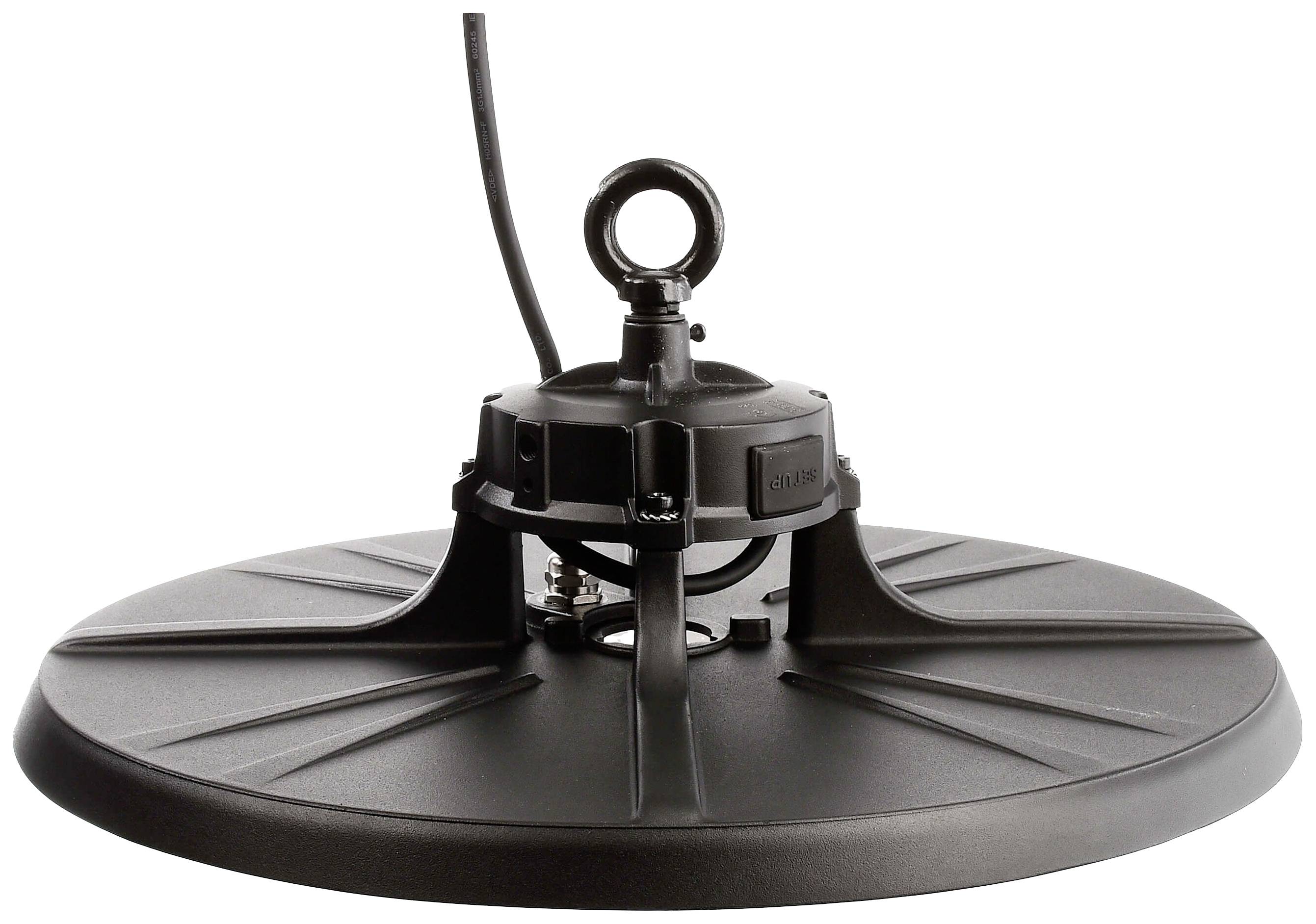 Lampe ronde noire avec boucle de fixation et câble sur le dessus.