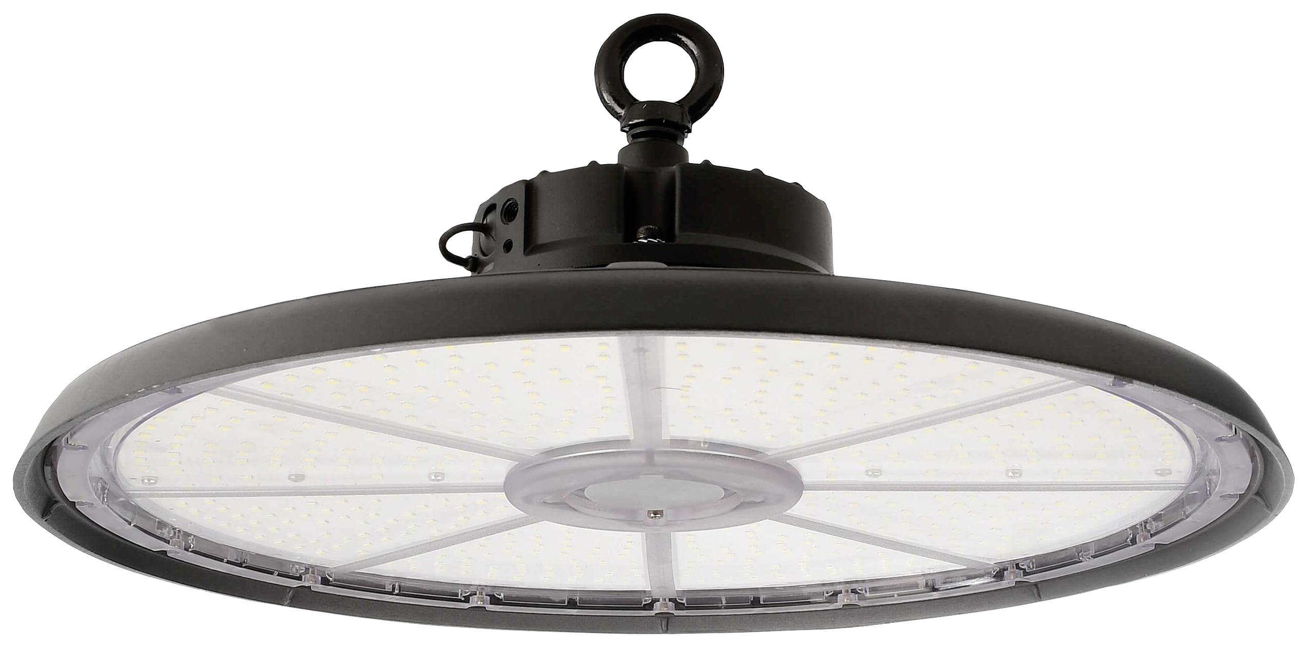 Un projecteur LED pour hall avec boîtier noir et surface lumineuse circulaire, adapté aux grands espaces intérieurs tels que les entrepôts.