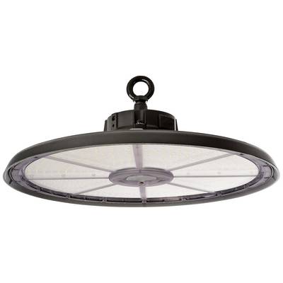 Un plafonnier LED rond noir avec des points lumineux visibles, adapté aux environnements industriels ou commerciaux.