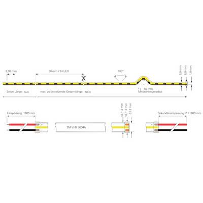 Le diagramme montre un ruban LED avec des données de mesure spécifiques. Longueur 5 m, rayon de courbure 50 mm, hauteur 6,5 mm, largeur 10 mm. Longueur maximale 10 m.