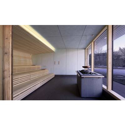 Un sauna moderne avec des bancs en bois disposés par niveaux, un poêle de sauna au premier plan et de grandes fenêtres donnant sur un paysage hivernal.