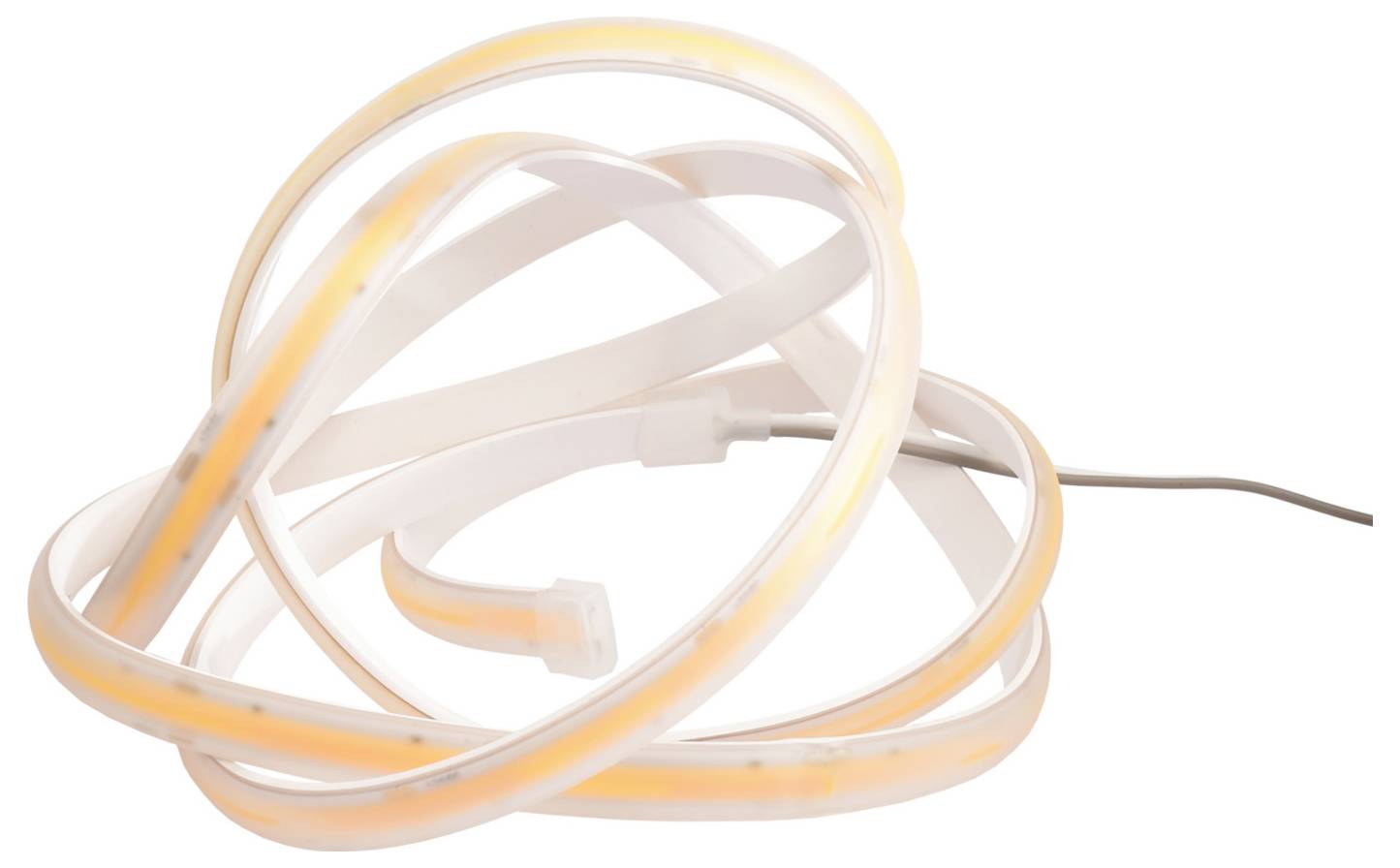 Bande LED orange flexible enroulée avec cordon d'alimentation sur fond blanc.