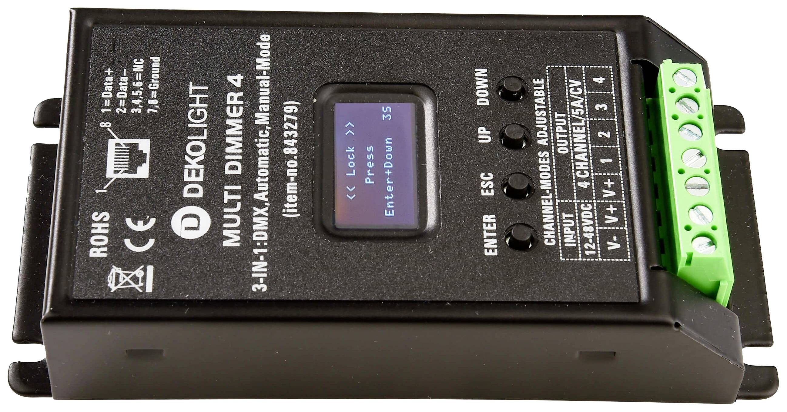 Un variateur multifonction noir avec des commandes numériques et des bornes de connexion ; nom de marque 'Dekolight', numéro de modèle '84329'.