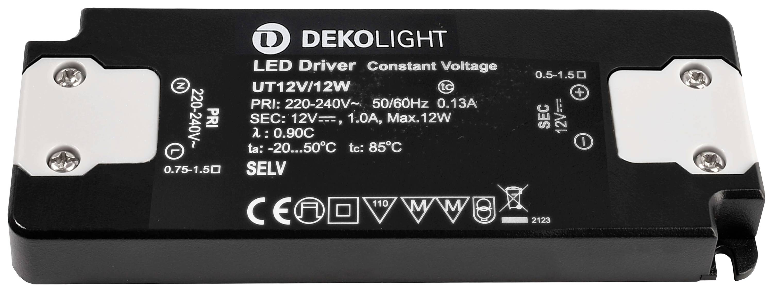 'DEKOLIGHT Pilote LED Tension Constante UT12V/12W'. Entrées : 220-240V, 50/60Hz, 0,13A. Sorties : 12V, 1,0A, Max. 12W. Plage : -20...50°C.