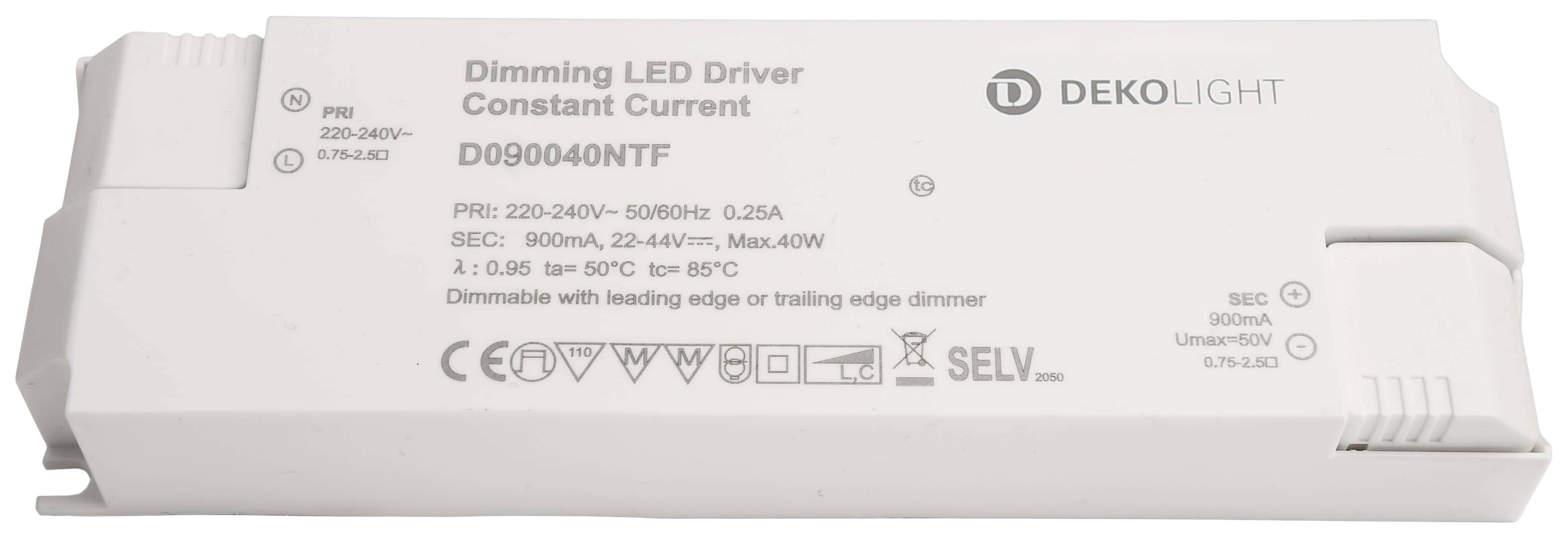 Alimentation pour luminaires LED à variation d'intensité de Dekolight, modèle D090040NTF, avec courant constant de 900mA et puissance de sortie de 22-44V/max. 40W.