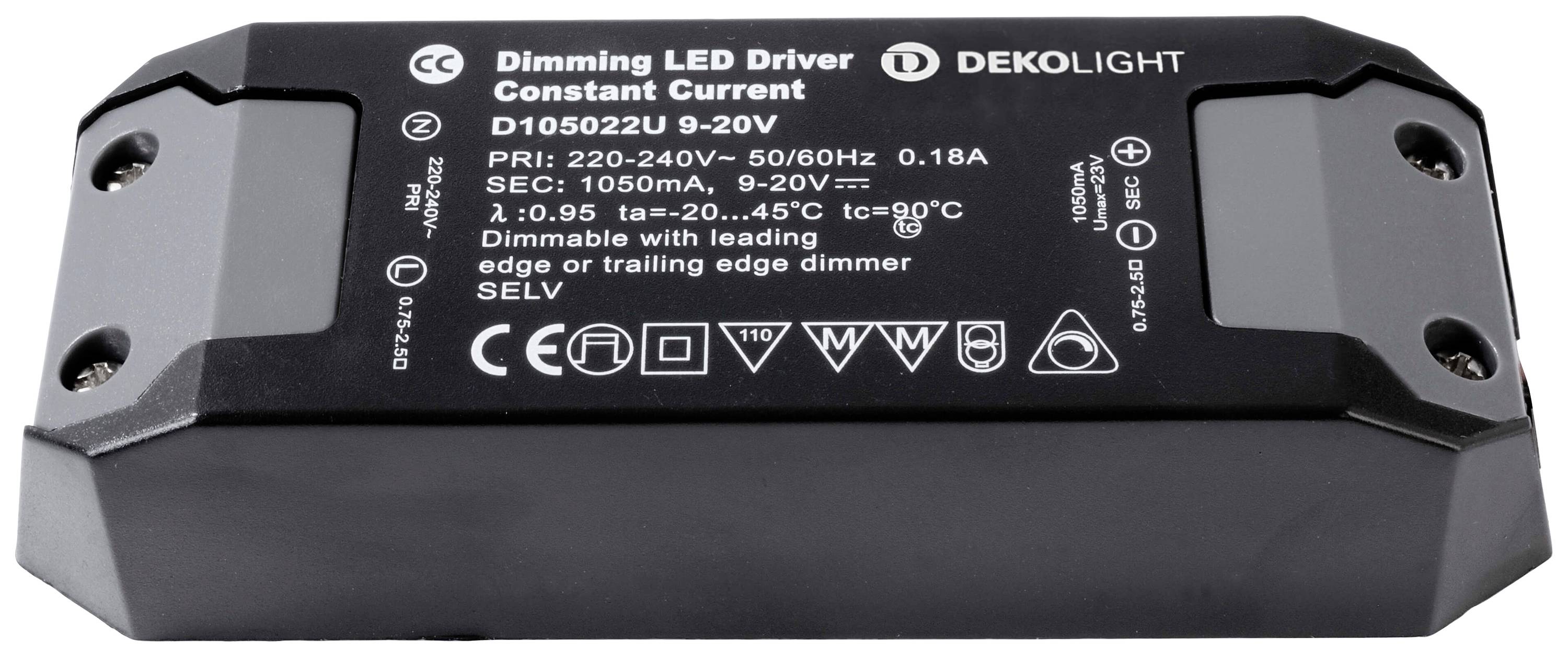Pilote LED à courant constant avec variation de luminosité de DEKOLIGHT, modèle D105022U 9-20V. Entrée : 220-240V, 0,18A, 50/60Hz. Sortie : 1050mA, 9-20V.