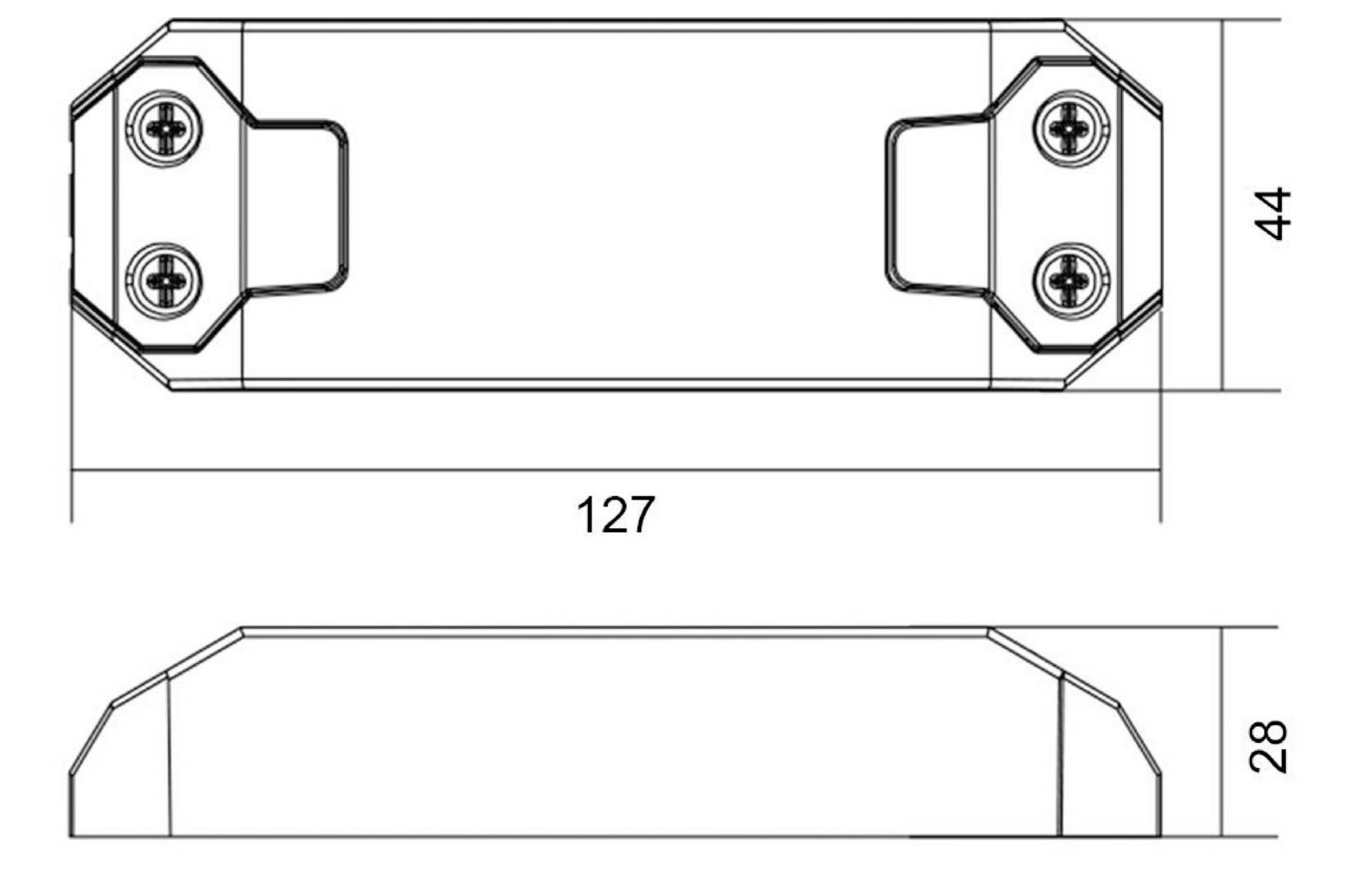 Dessin technique d'un support métallique rectangulaire présentant les vues de dessus et de côté, avec des dimensions de 127 mm de long, 44 mm de large et 28 mm de haut.