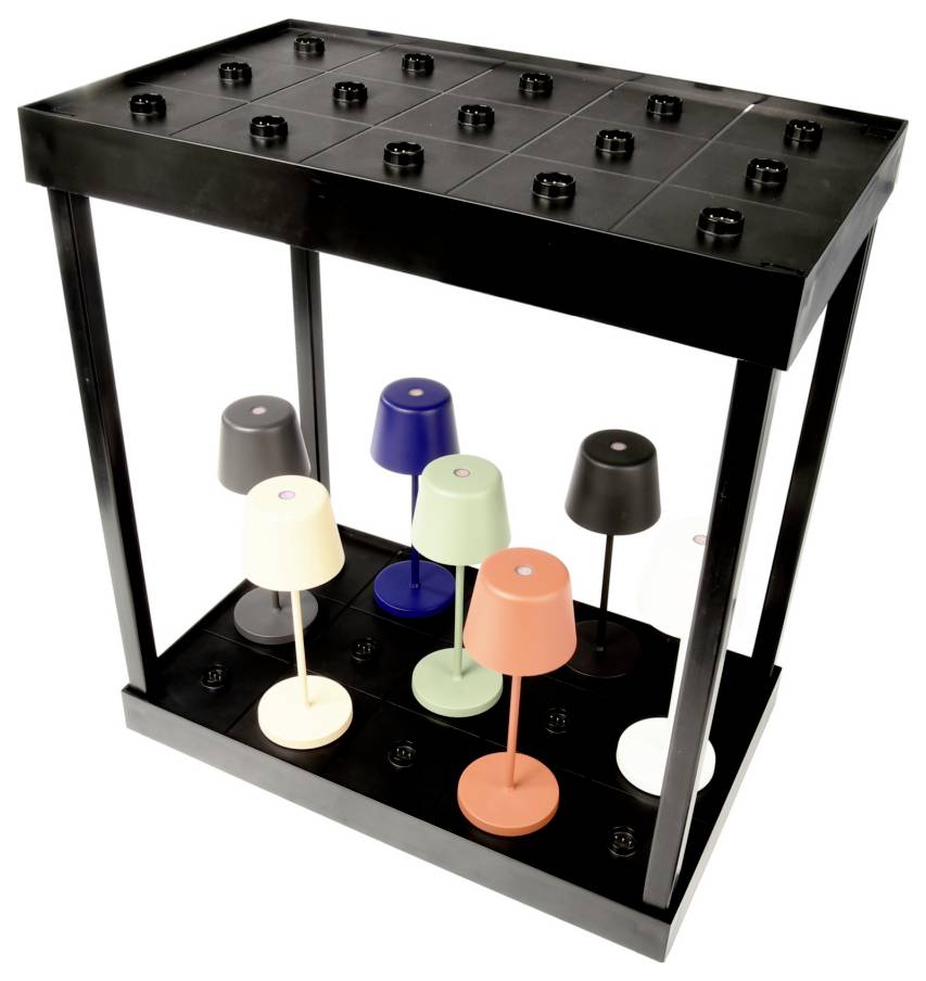 Présentoir noir de type table, avec plusieurs petites lampes ou coupelles colorées disposées sur l'étagère inférieure, sous un panneau supérieur perforé.