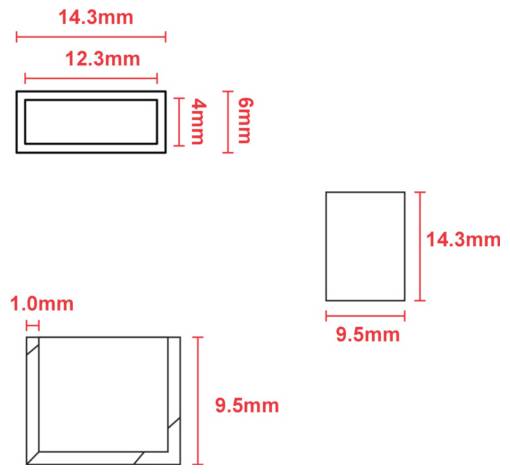 Schéma technique coté de trois pièces rectangulaires indiquant les dimensions en millimètres : en haut à gauche 14,3 × 6 mm avec une zone intérieure de 12,3 × 4 mm, à droite 9,5 × 14,3 mm, en bas à gauche 9,5 × 9,5 mm avec un détail de bord de 1,0 mm.