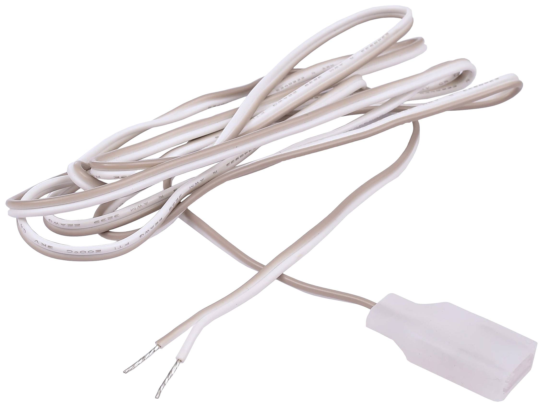 Un câble blanc avec des extrémités de fil dénudées et une fiche en plastique. Il est enroulé et sert probablement à établir une connexion électrique.