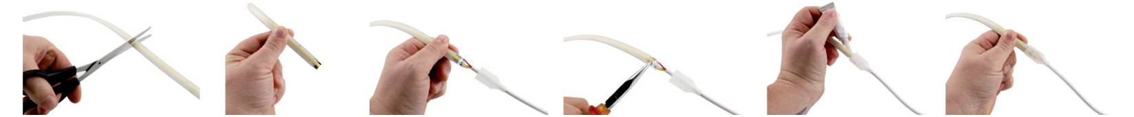 Séquence de mains utilisant un outil blanc pour plier ou façonner une tige fine, présentée en plusieurs étapes sur fond blanc.
