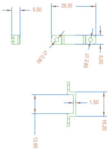 Dessin technique d'un support/connecteur métallique avec des cotes indiquées en millimètres, notamment une longueur de 29,30, un diamètre de trou de 2,80 et une hauteur de 16,20.