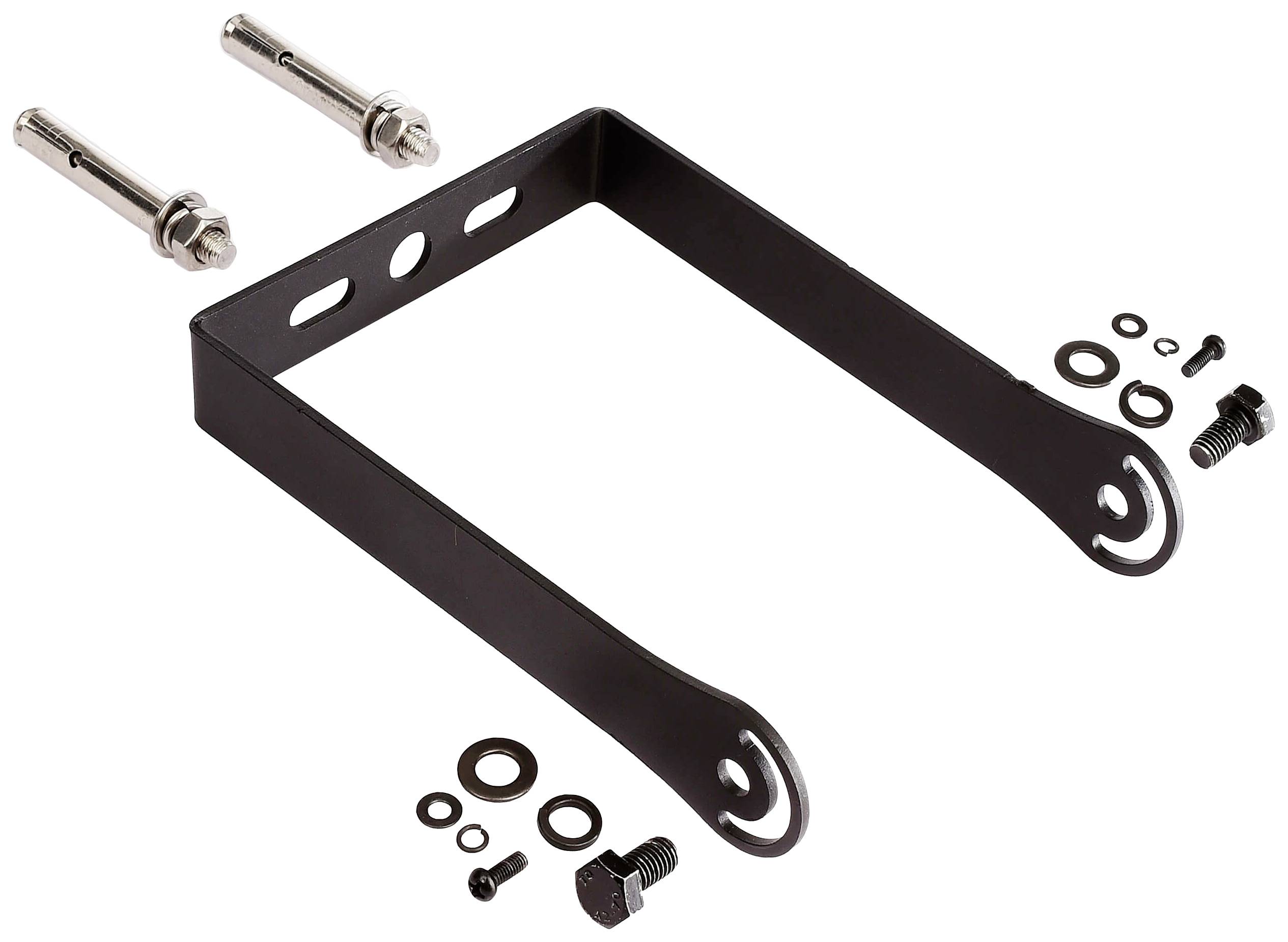 Support de métal noir avec vis de fixation, rondelles et écrous, adapté pour le montage d'appareils ou d'étagères.