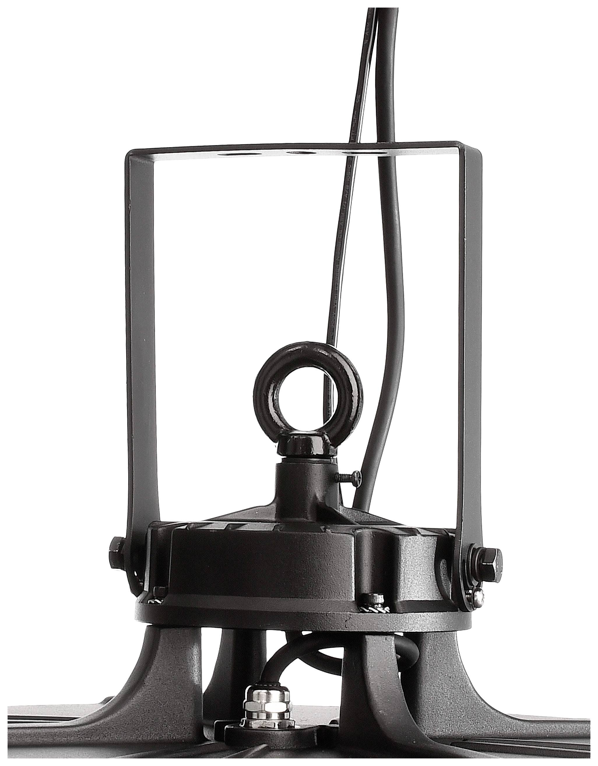 Support de plafond noir avec câble, destiné à fixer une lampe. Il est fabriqué en métal et possède un anneau robuste sur sa partie supérieure.