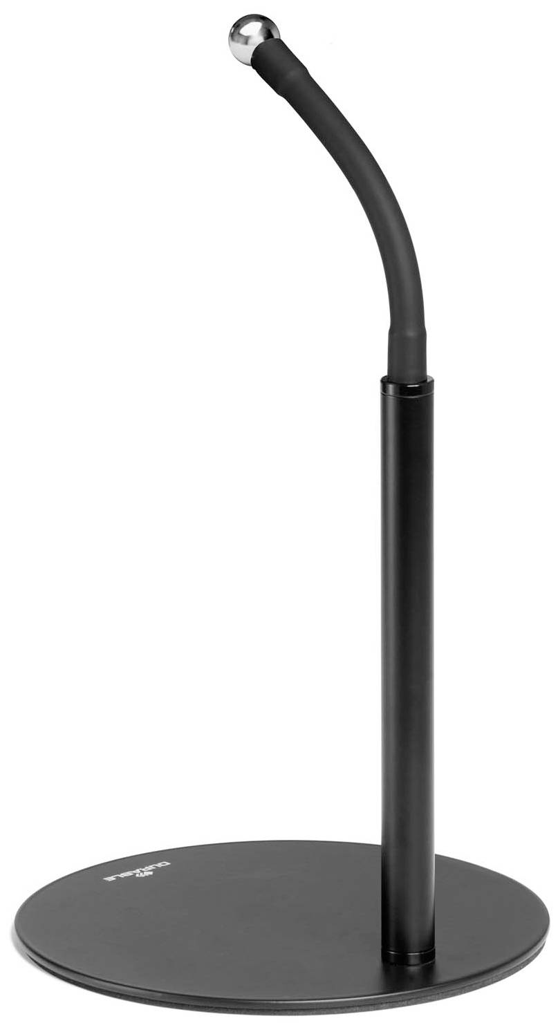 Support de casque noir avec base ronde et tige incurvée, permettant de ranger des écouteurs ou des casques.