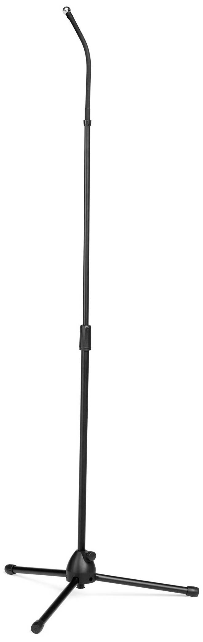 Support de microphone noir avec hauteur réglable et pied trépied sur fond blanc.