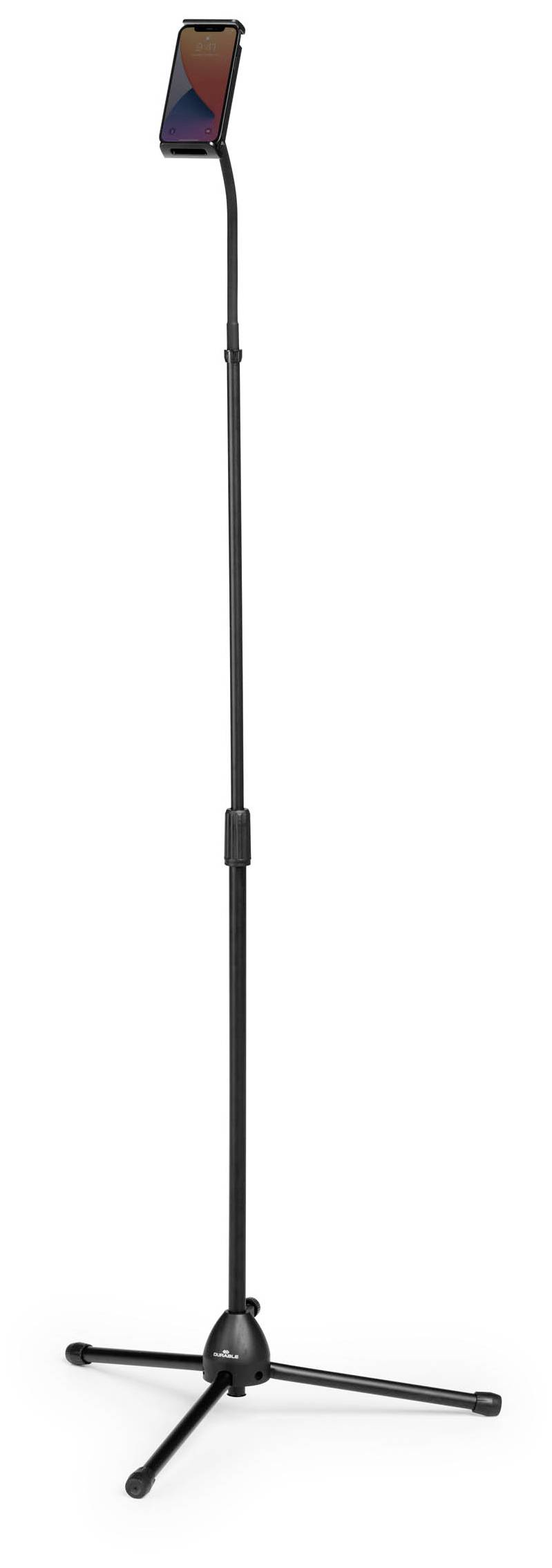 'Un support noir réglable en hauteur avec un support pour smartphones, idéal pour une utilisation mains libres sur des scènes ou dans des bureaux.'