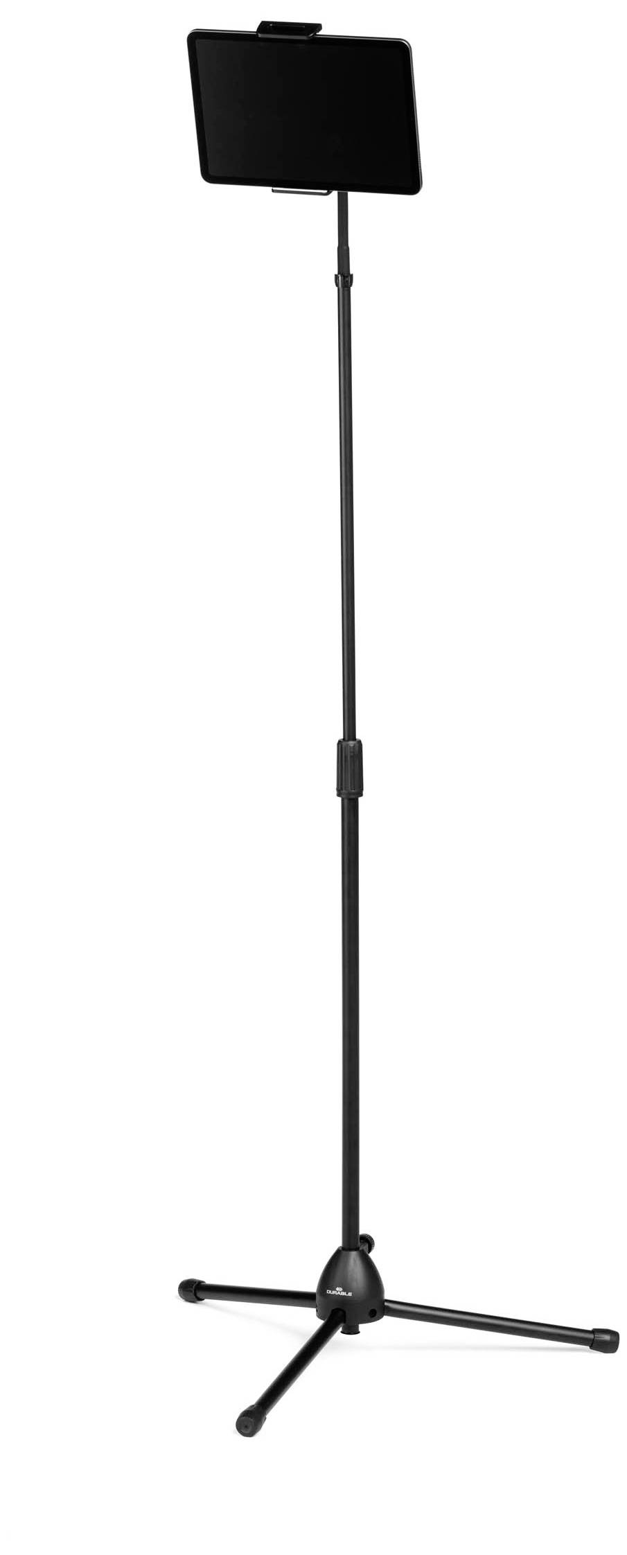 Support de tablette noir avec un trépied ajustable en trois parties et une fixation en haut. Adapté pour les présentations ou les musiciens.