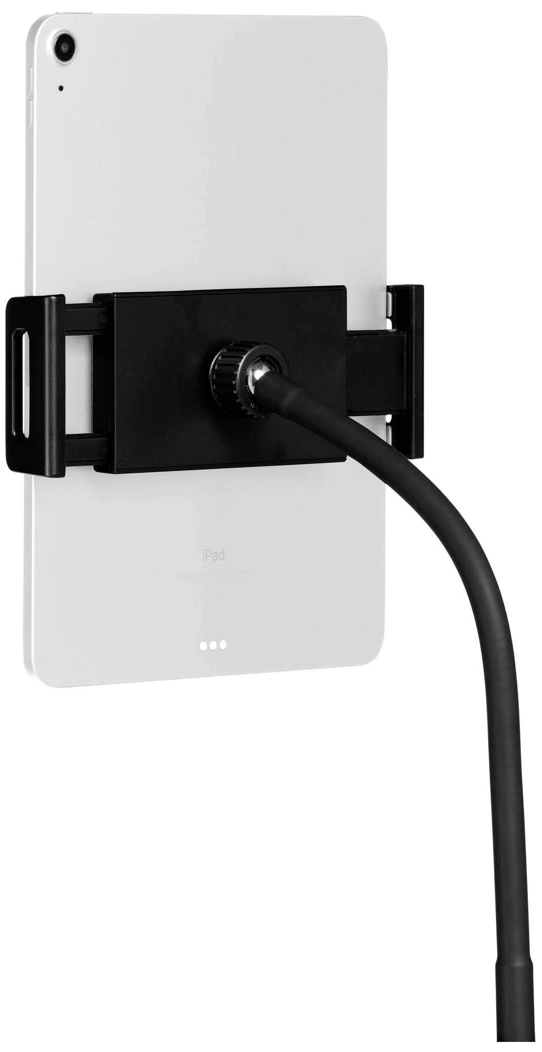 Support de tablette avec bras réglable fixé à une table. Le support convient à différentes tailles de tablettes.