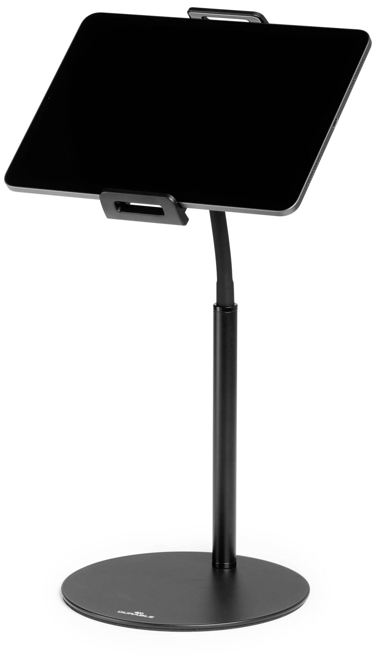 Un support noir avec support réglable pour tablettes ou écrans. Le socle est rond et stable.
