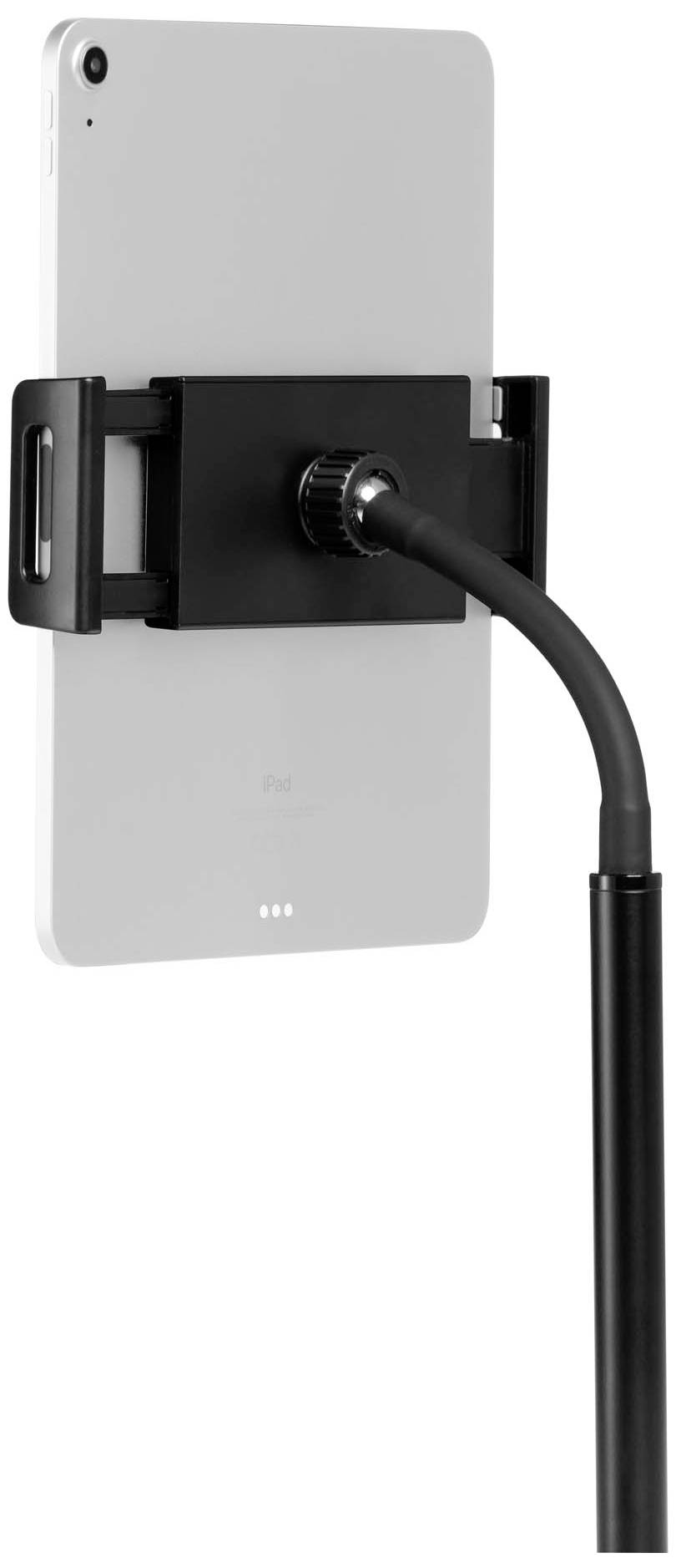 Support de tablette en métal avec une pince réglable fixée sur une tige métallique droite. Idéal pour positionner des tablettes de manière stable.