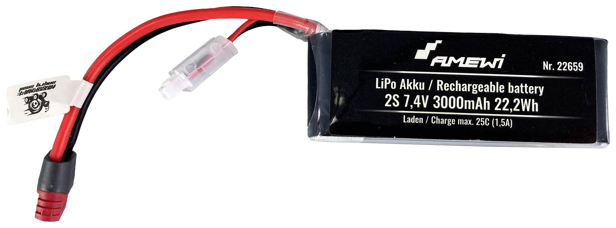 Batterie LiPo noire avec une étiquette blanche, capacité 3000mAh, tension 7,4V, câbles rouge et noir avec connecteur.