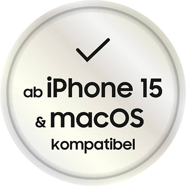 "Compatible avec iPhone 15 et macOS" dans un cercle avec une coche au-dessus.