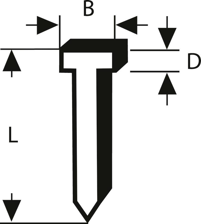 Dessin technique d'un clou avec dimensions annotées : B (largeur), D (diamètre), L (longueur). Des lignes indiquent les dimensions.