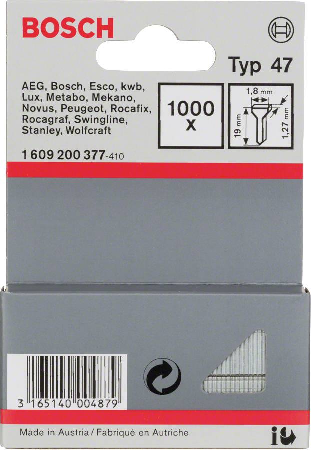 L'emballage contient 1000 agrafes de type 47 de Bosch, adaptées aux marques telles que AEG, Lux et Metabo. Hauteur de pile 19 mm, largeur 1,27 mm.