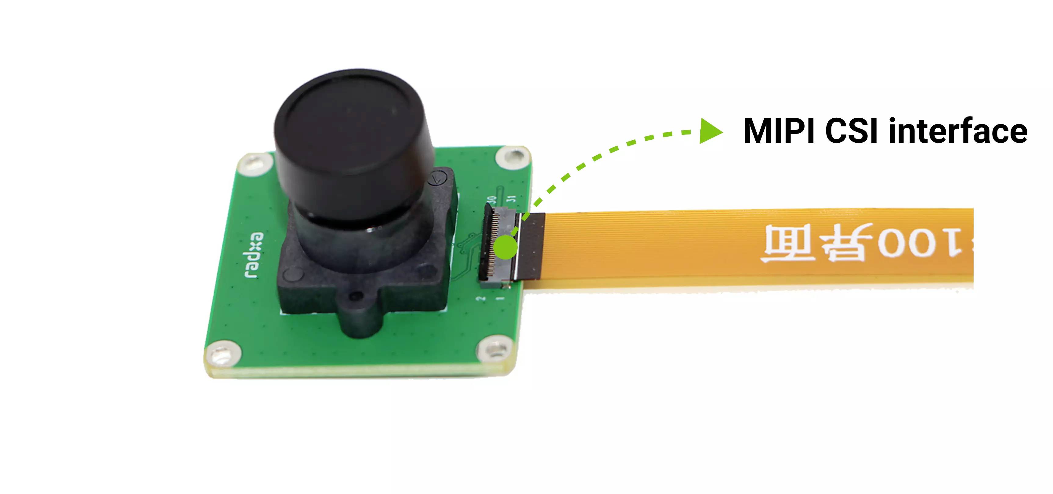 Une caméra avec un câble plat étiqueté comme étant une 'interface MIPI CSI' relie la caméra à un autre appareil.
