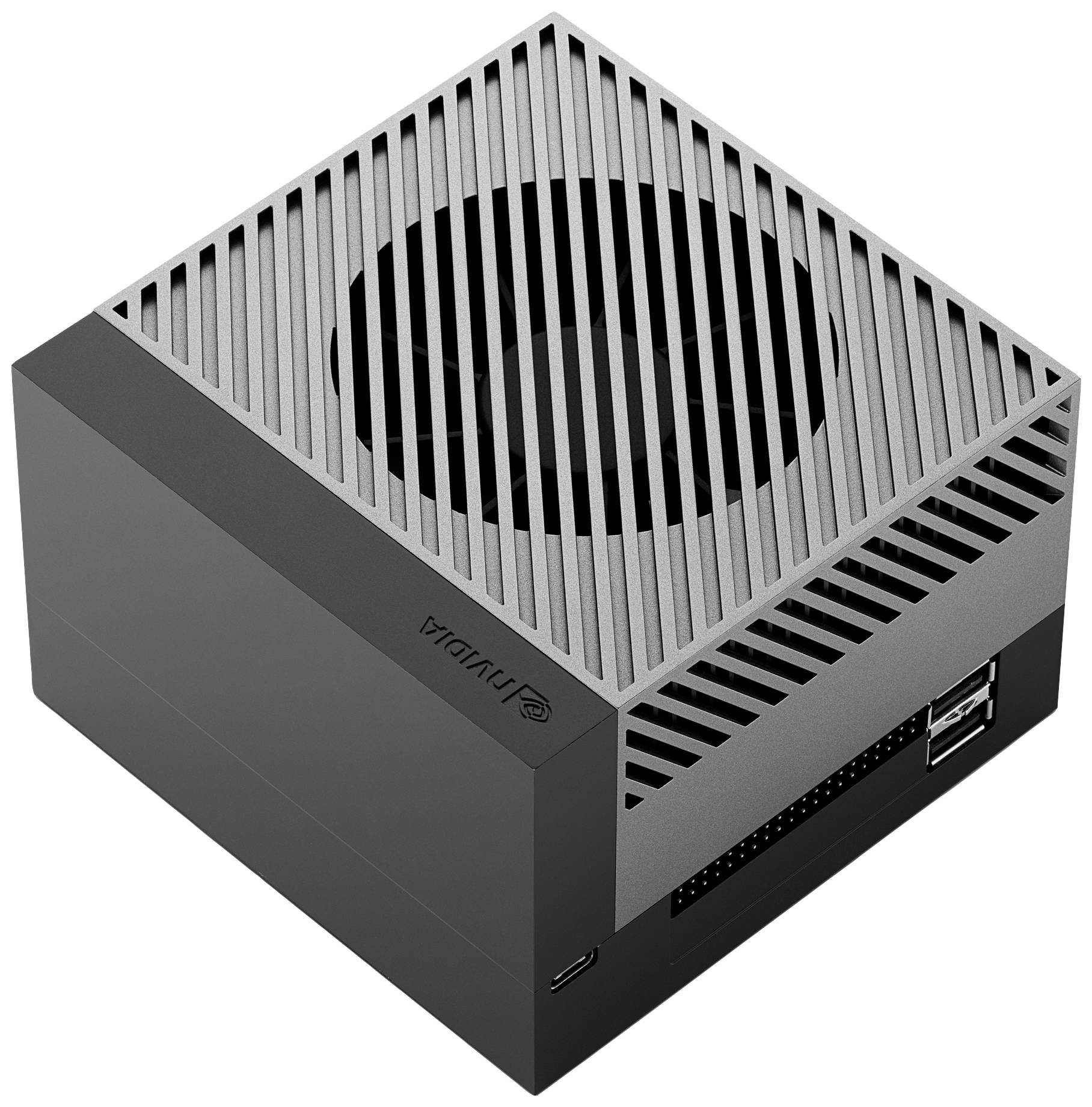Un mini-ordinateur compact et carré avec des fentes de ventilation sur le dessus, un logo 'NVIDIA' et différents ports sur le côté.