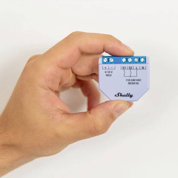 Une main tient un petit appareil électrique portant des inscriptions indiquant la tension (0-10V, 110-240V) et la fréquence de courant (50/60 Hz).