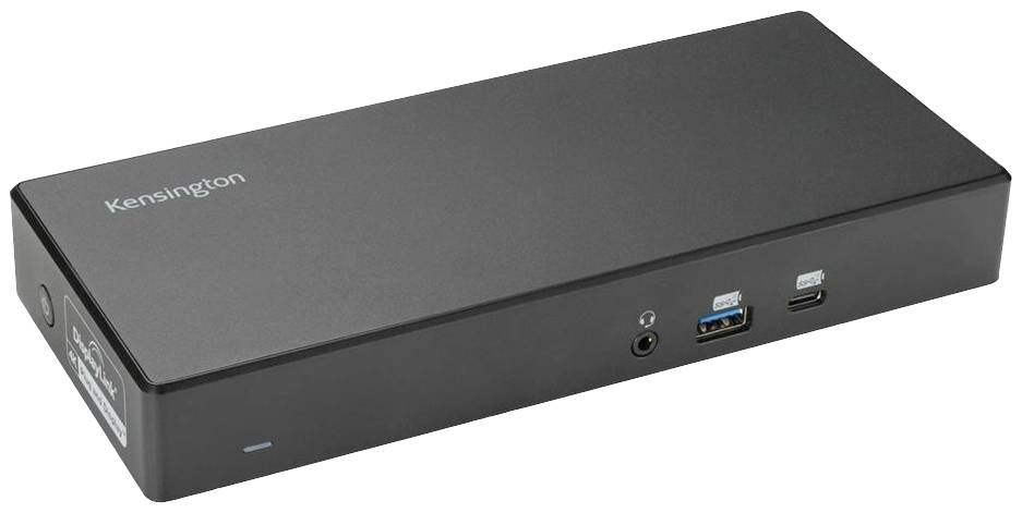 Station d'accueil Kensington noire avec plusieurs ports à l'avant, y compris USB et prise audio.