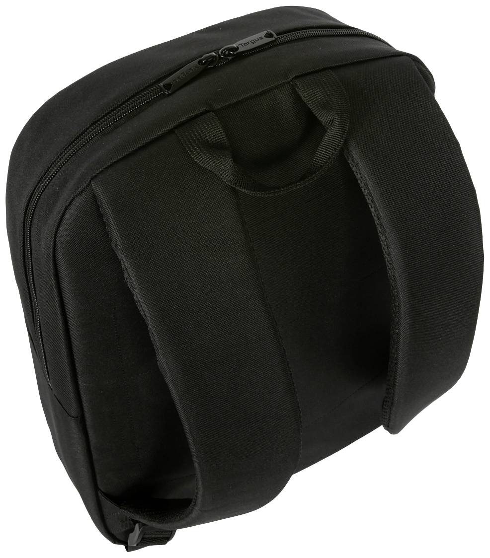 Un sac à dos noir avec des bretelles larges et une fermeture éclair en haut, sur un fond neutre.