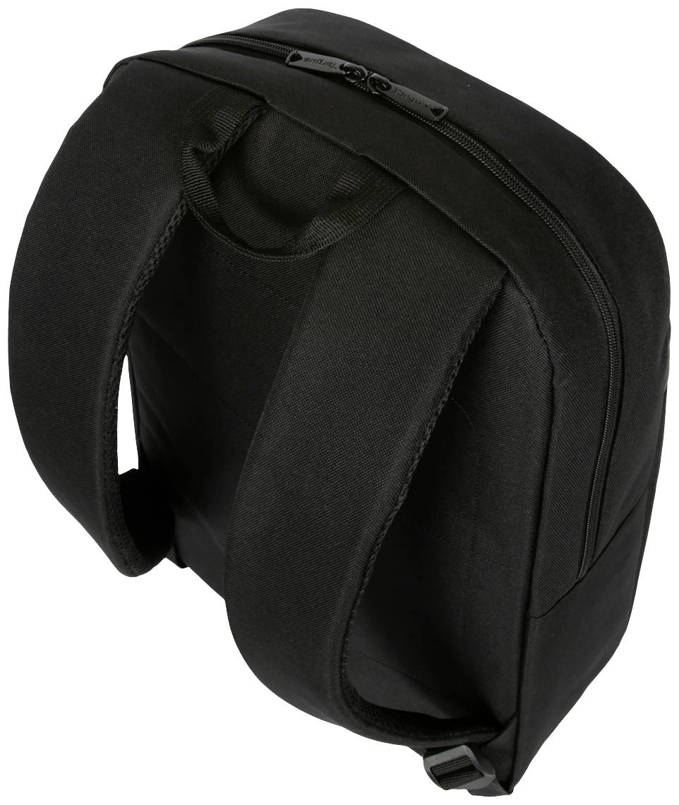 Un sac à dos noir en tissu, équipé de deux bretelles et d'une fermeture à glissière sur le dessus.