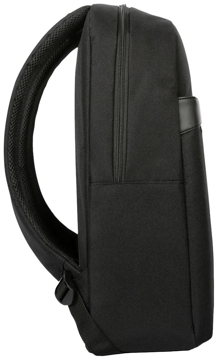 Sac à dos noir vu de côté, montrant les bretelles rembourrées et le design épuré.