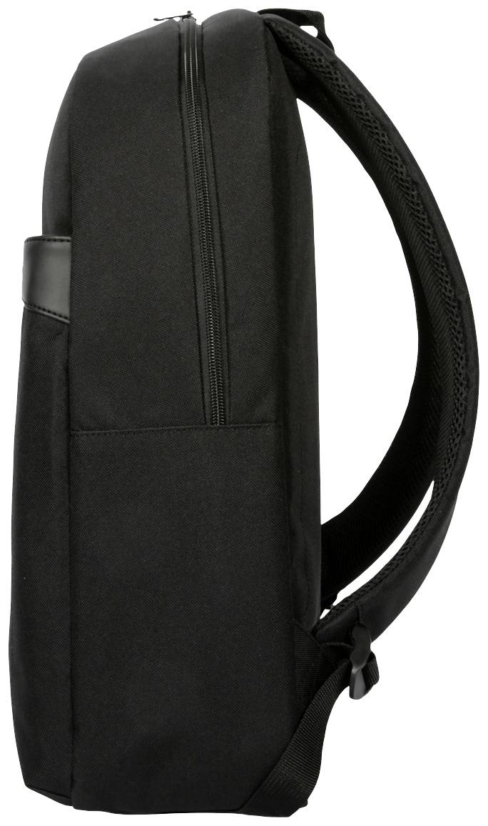 Un sac à dos noir vu de côté, avec une fermeture éclair en haut et des bretelles rembourrées.